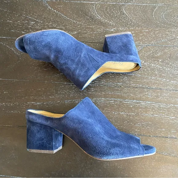 Splendid Navy Blue Suede Leather Peep Toe Mules Sandals Heels Size 10‎