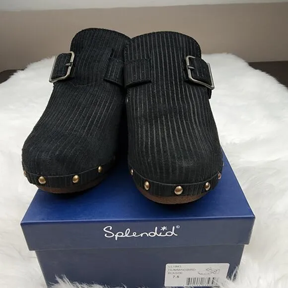 Splendid Size 7.5 Hummingbird Italian Made Black Suede Corduroy Pattern Mules