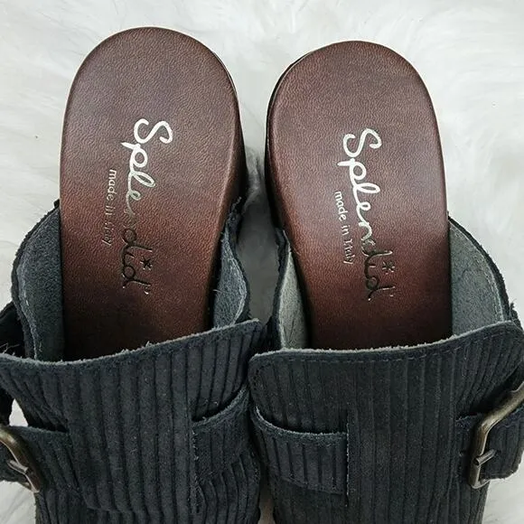 Splendid Size 7.5 Hummingbird Italian Made Black Suede Corduroy Pattern Mules