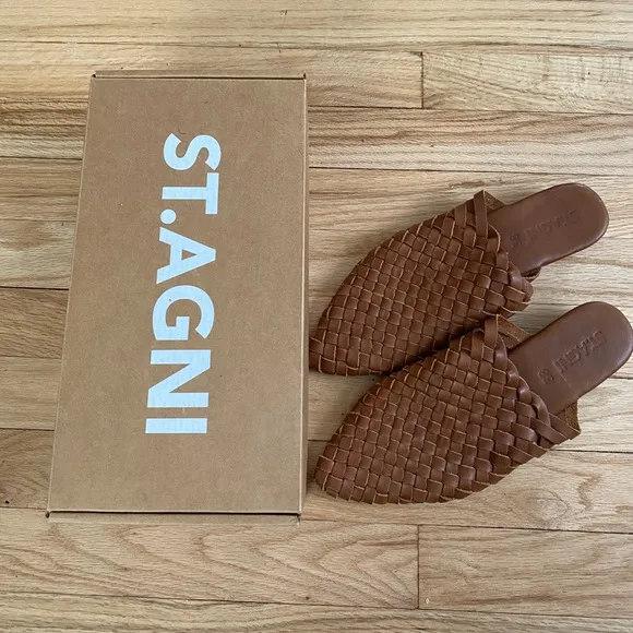 ST. AGNI Tan Leather PARIS WOVEN MULES