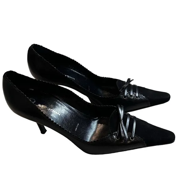 St John Corset Heels Black Leather and Suede Stiletto, Sz 7