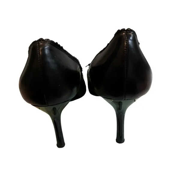 St John Corset Heels Black Leather and Suede Stiletto, Sz 7