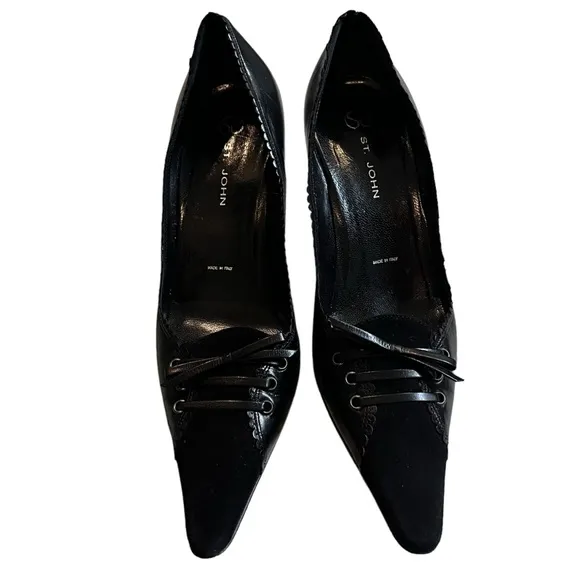 St John Corset Heels Black Leather and Suede Stiletto, Sz 7