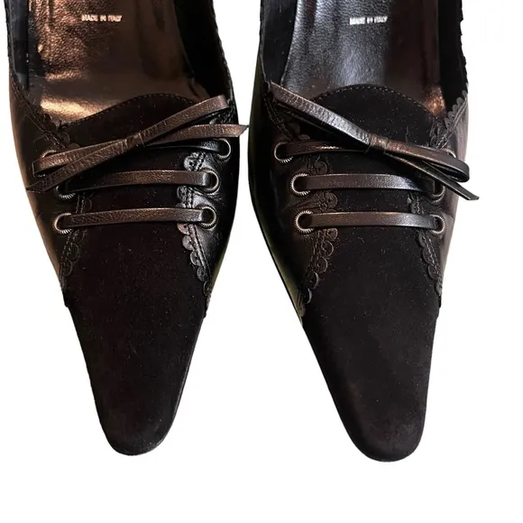 St John Corset Heels Black Leather and Suede Stiletto, Sz 7