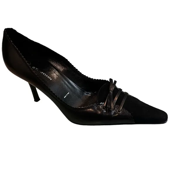 St John Corset Heels Black Leather and Suede Stiletto, Sz 7