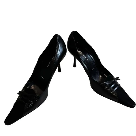St John Corset Heels Black Leather and Suede Stiletto, Sz 7