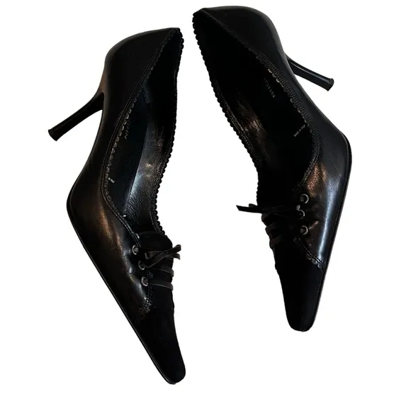 St John Corset Heels Black Leather and Suede Stiletto, Sz 7