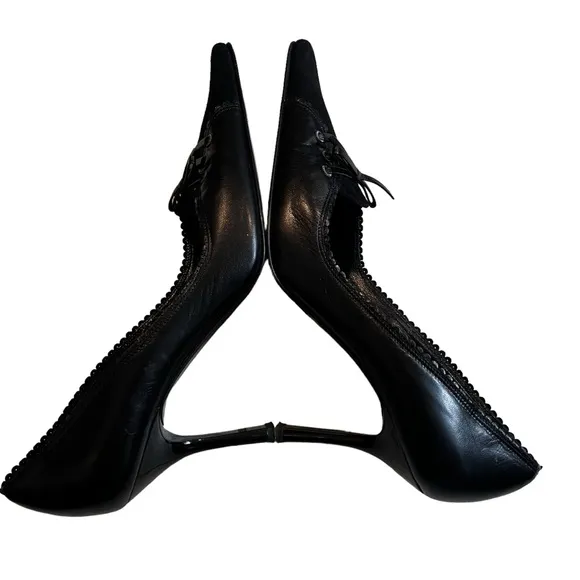 St John Corset Heels Black Leather and Suede Stiletto, Sz 7