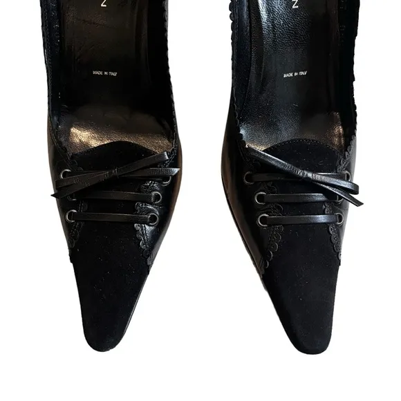 St John Corset Heels Black Leather and Suede Stiletto, Sz 7