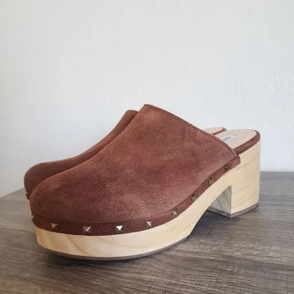 Steve Madden Brooklyn Suede Wooden Clog Mules Studded Brown Y2K Size Women's 7.5