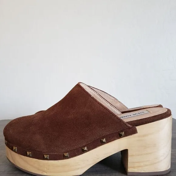 Steve Madden Brooklyn Suede Wooden Clog Mules Studded Brown Y2K Size Women's 7.5