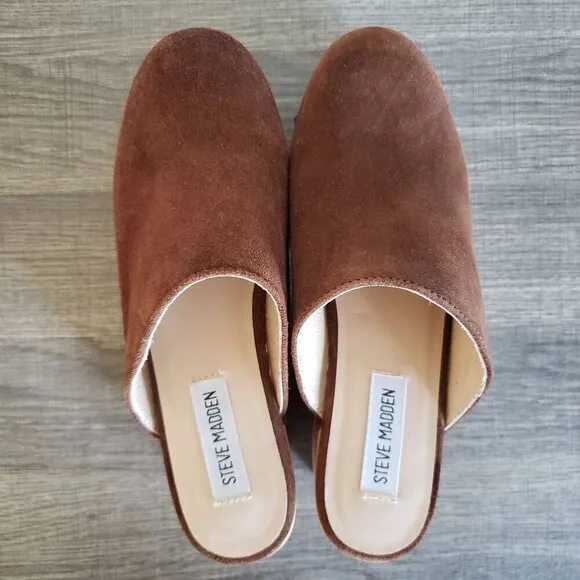 Steve Madden Brooklyn Suede Wooden Clog Mules Studded Brown Y2K Size Women's 7.5