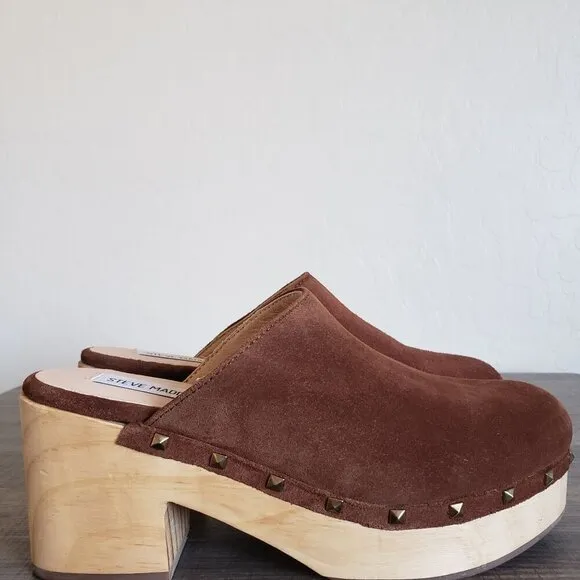 Steve Madden Brooklyn Suede Wooden Clog Mules Studded Brown Y2K Size Women's 7.5