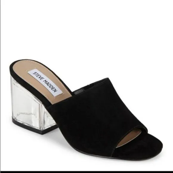Steve Madden Dalis suede leather mules clear acrylic block heels 11 Like new