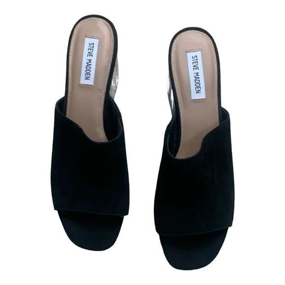 Steve Madden Dalis suede leather mules clear acrylic block heels 11 Like new