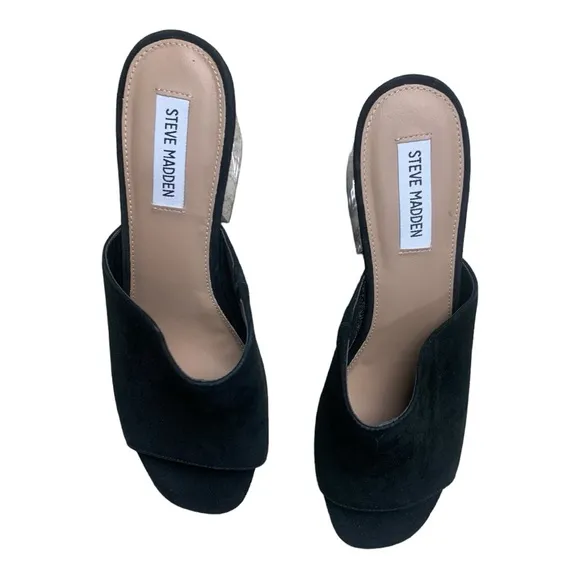Steve Madden Dalis suede leather mules clear acrylic block heels 11 Like new