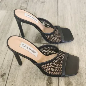 Steve Madden Fishnet Mesh Heels Mules Peep Toe Slip-on Black Sexy Witchy 6.5