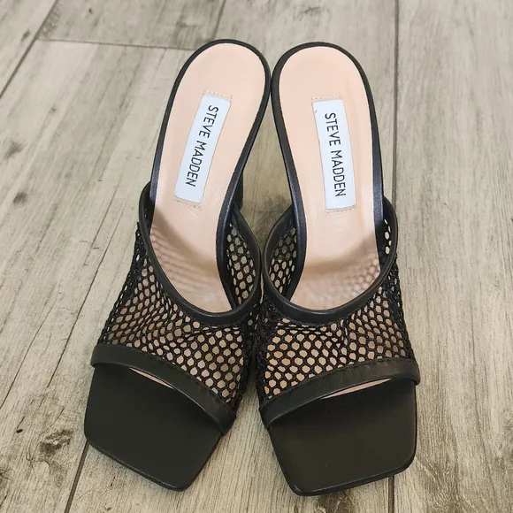 Steve Madden Fishnet Mesh Heels Mules Peep Toe Slip-on Black Sexy Witchy 6.5