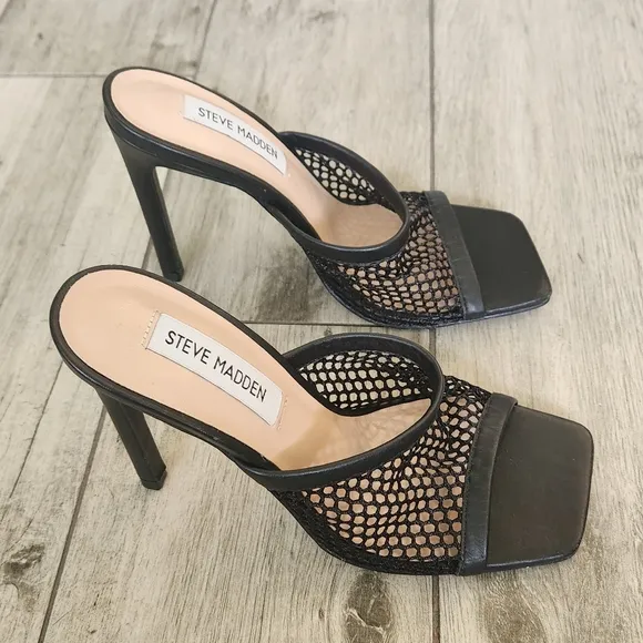 Steve Madden Fishnet Mesh Heels Mules Peep Toe Slip-on Black Sexy Witchy 6.5