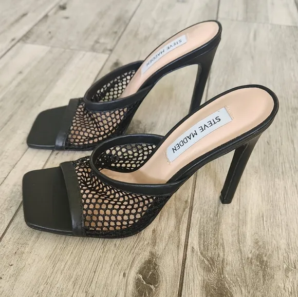 Steve Madden Fishnet Mesh Heels Mules Peep Toe Slip-on Black Sexy Witchy 6.5