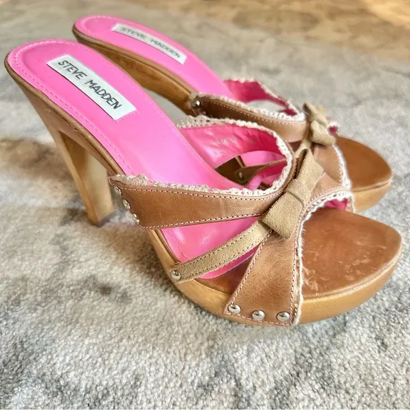 Steve Madden Luckii vintage open toe sandal platform heels y2k Brown Leather Sz8