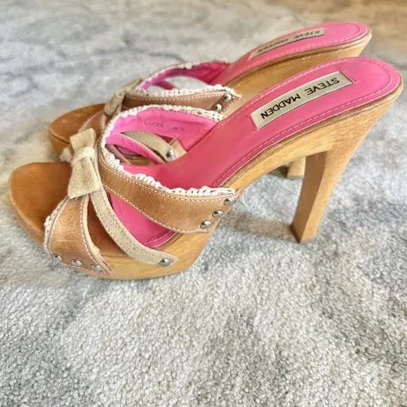 Steve Madden Luckii vintage open toe sandal platform heels y2k Brown Leather Sz8