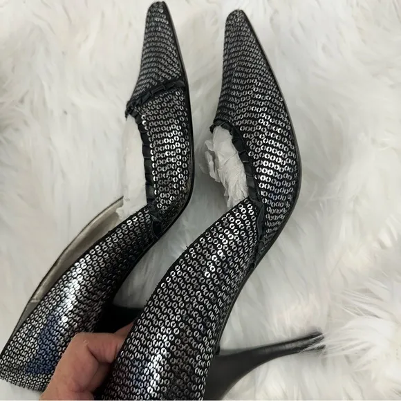 Steve Madden Silver Sequin with Lace Trim High Stiletto Pointed Toe Dress Pumps