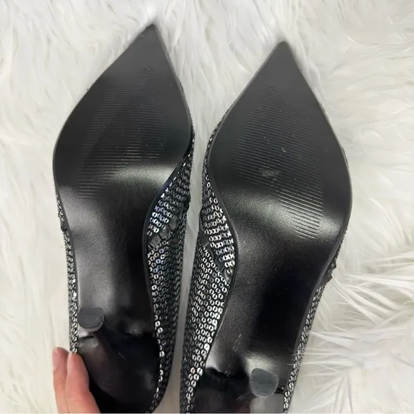 Steve Madden Silver Sequin with Lace Trim High Stiletto Pointed Toe Dress Pumps