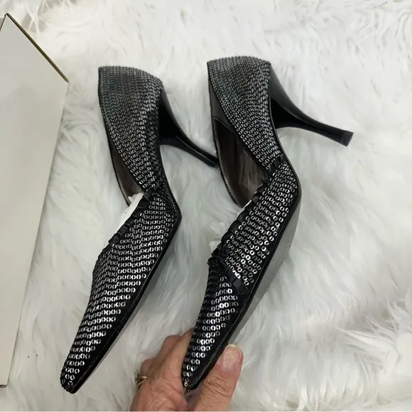 Steve Madden Silver Sequin with Lace Trim High Stiletto Pointed Toe Dress Pumps