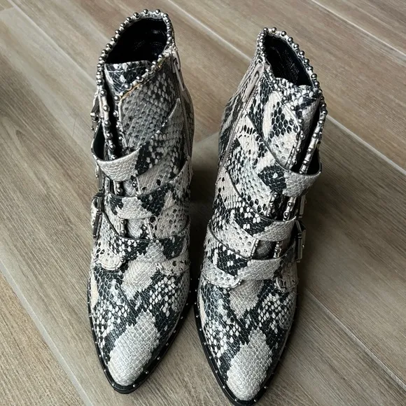 Steve Madden Studded Snakeskin Strapped Buckle Booties with Pointed Toe