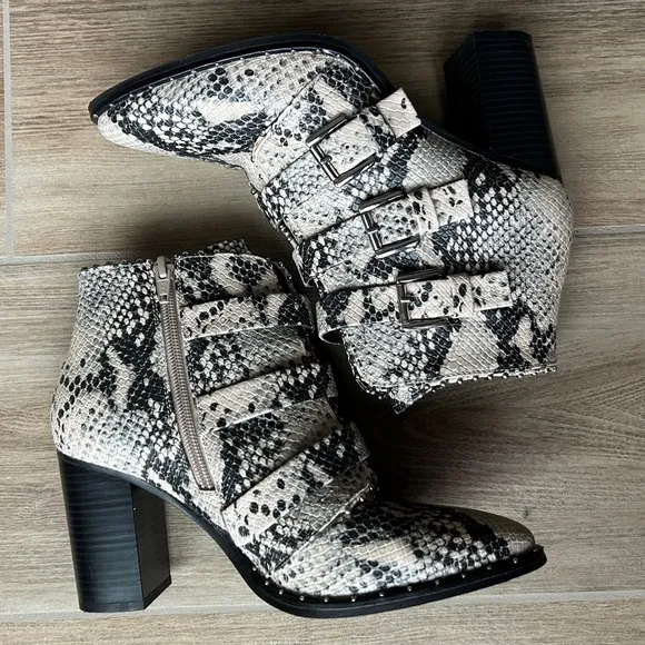 Steve Madden Studded Snakeskin Strapped Buckle Booties with Pointed Toe
