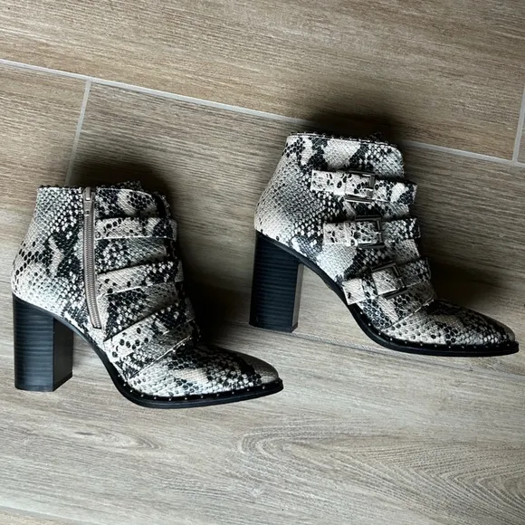 Steve Madden Studded Snakeskin Strapped Buckle Booties with Pointed Toe