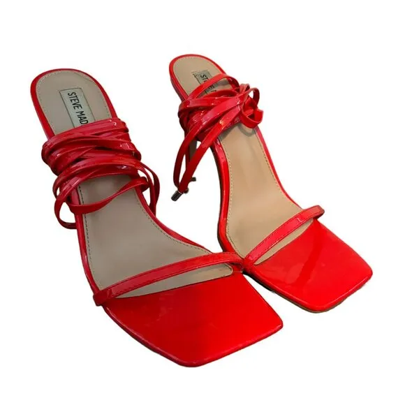 Steve Madden UpLift Red Strappy Heels Faux Patent Leather Holiday Women's Sz 10M