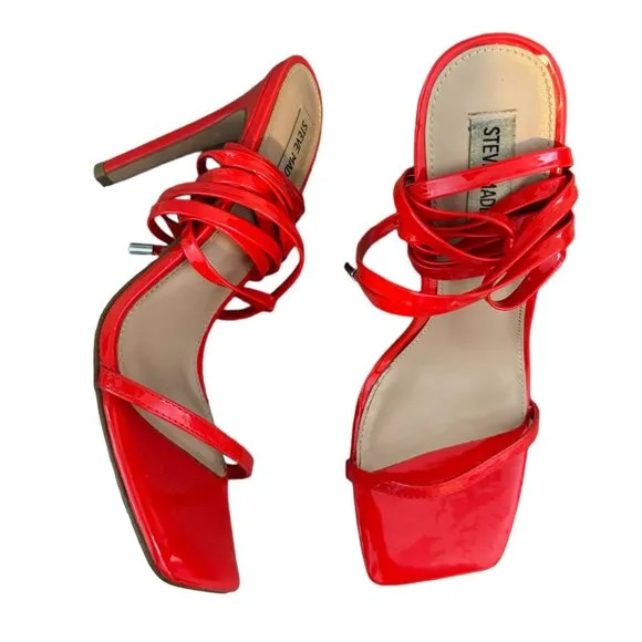Steve Madden UpLift Red Strappy Heels Faux Patent Leather Holiday Women's Sz 10M