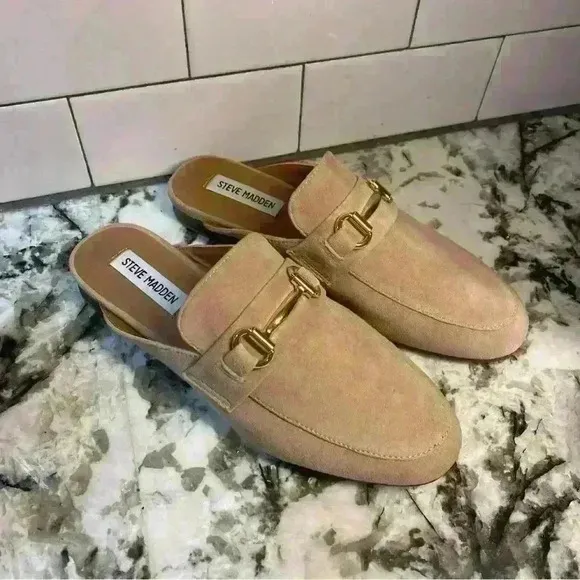 Steve Madden Womens Royals Beige Faux Suede Slides Loafer Mule Shoes