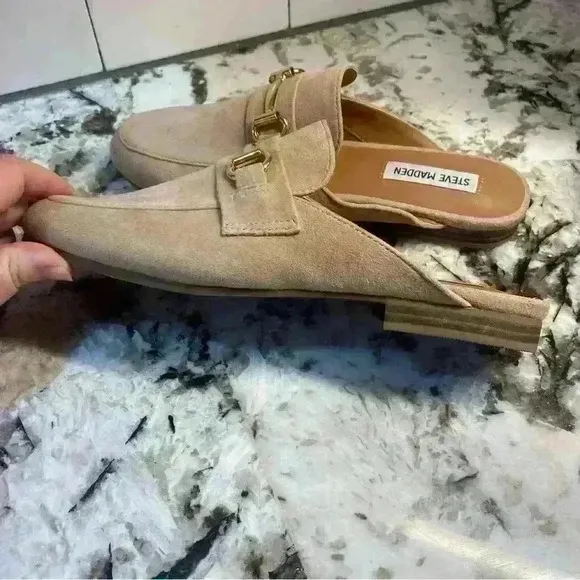 Steve Madden Womens Royals Beige Faux Suede Slides Loafer Mule Shoes