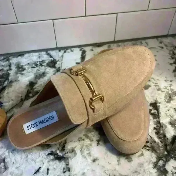 Steve Madden Womens Royals Beige Faux Suede Slides Loafer Mule Shoes
