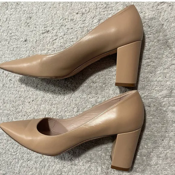 Stuart Weitzman 75 Block Pump 8 1/2 8.5 Leather Heels Pointed Toe Tan MSRP $475