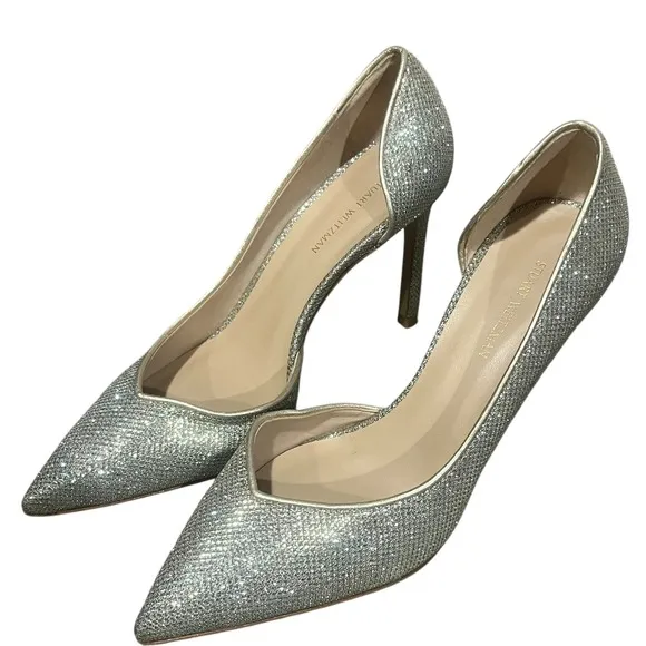 Stuart Weitzman Avenue Metallic Silver Glitter Pumps Pointed Toe Heels Sparkle