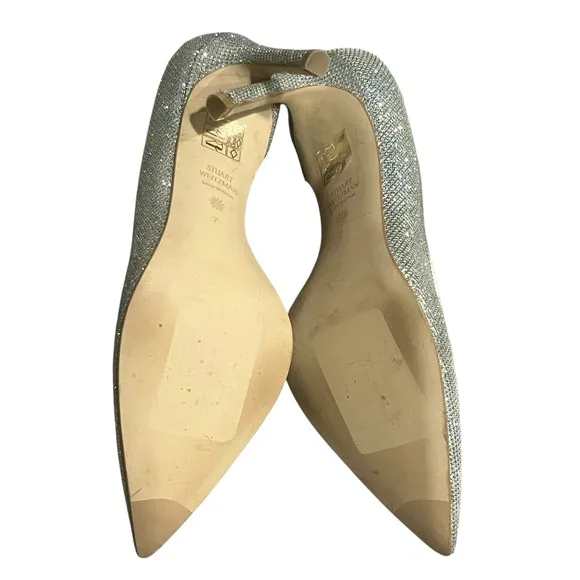 Stuart Weitzman Avenue Metallic Silver Glitter Pumps Pointed Toe Heels Sparkle