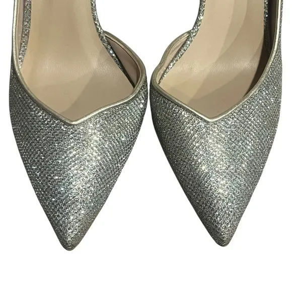 Stuart Weitzman Avenue Metallic Silver Glitter Pumps Pointed Toe Heels Sparkle