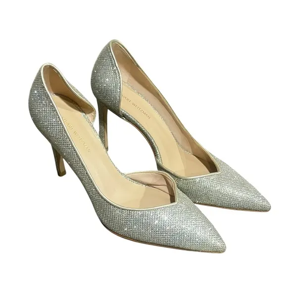 Stuart Weitzman Avenue Metallic Silver Glitter Pumps Pointed Toe Heels Sparkle