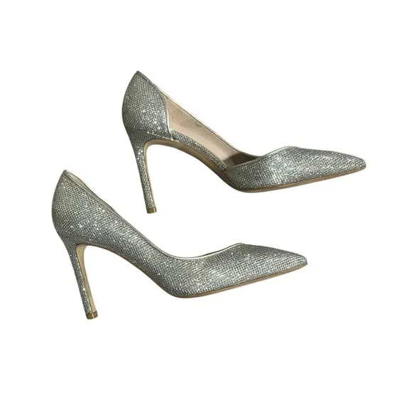 Stuart Weitzman Avenue Metallic Silver Glitter Pumps Pointed Toe Heels Sparkle