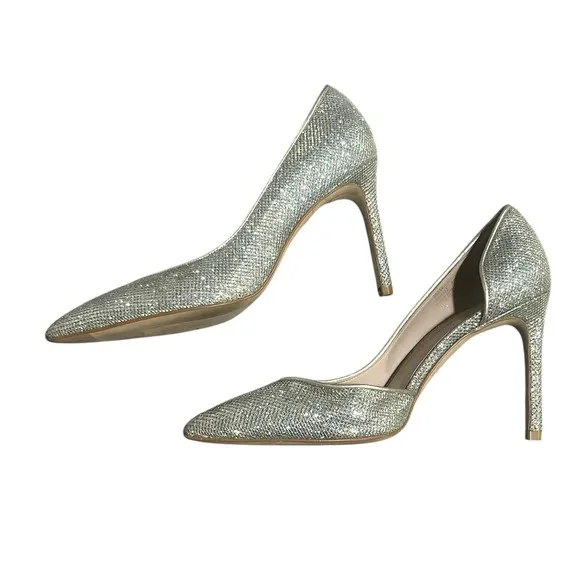 Stuart Weitzman Avenue Metallic Silver Glitter Pumps Pointed Toe Heels Sparkle