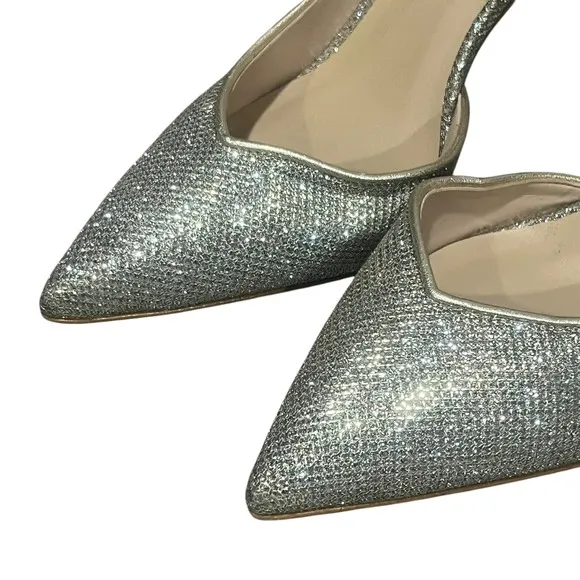 Stuart Weitzman Avenue Metallic Silver Glitter Pumps Pointed Toe Heels Sparkle