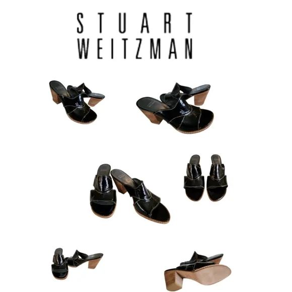 STUART WEITZMAN BLACK PATENT LEATHER MULES
