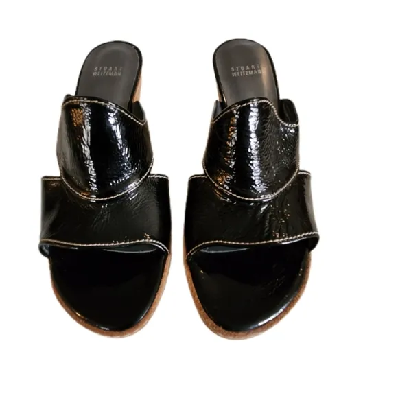 STUART WEITZMAN BLACK PATENT LEATHER MULES