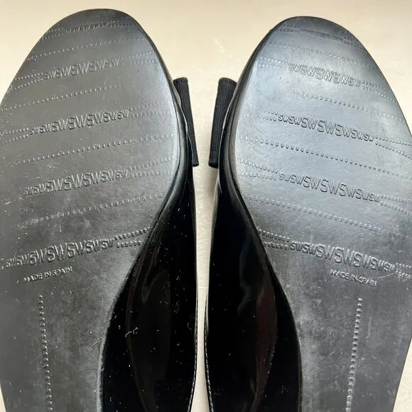 Stuart Weitzman Black Patent Leather Peep Toe Wedge Heel Mule Buckle Women’s 8