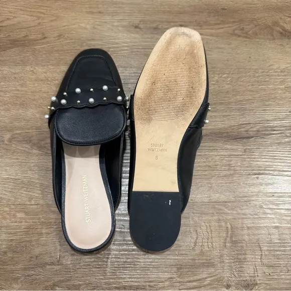 Stuart Weitzman Black Pearl Embellished Mules Leather Size 6