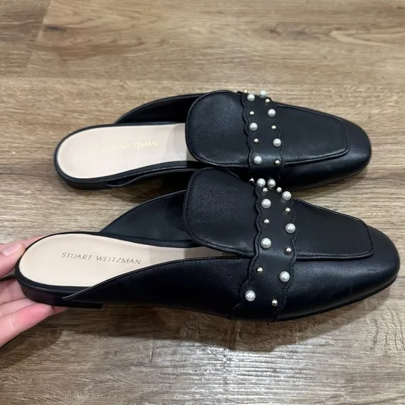 Stuart Weitzman Black Pearl Embellished Mules Leather Size 6
